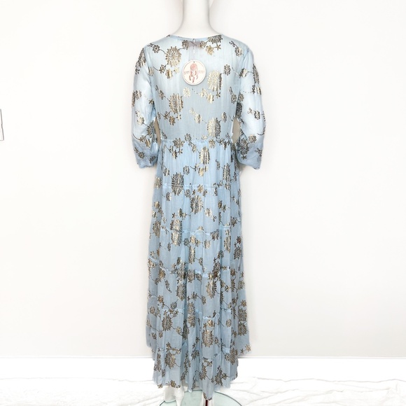 NWT | Sunny Studio French Designer Cotton Tiered Maxi Summer Dress Sky Blue Gold - Picture 8 of 14
